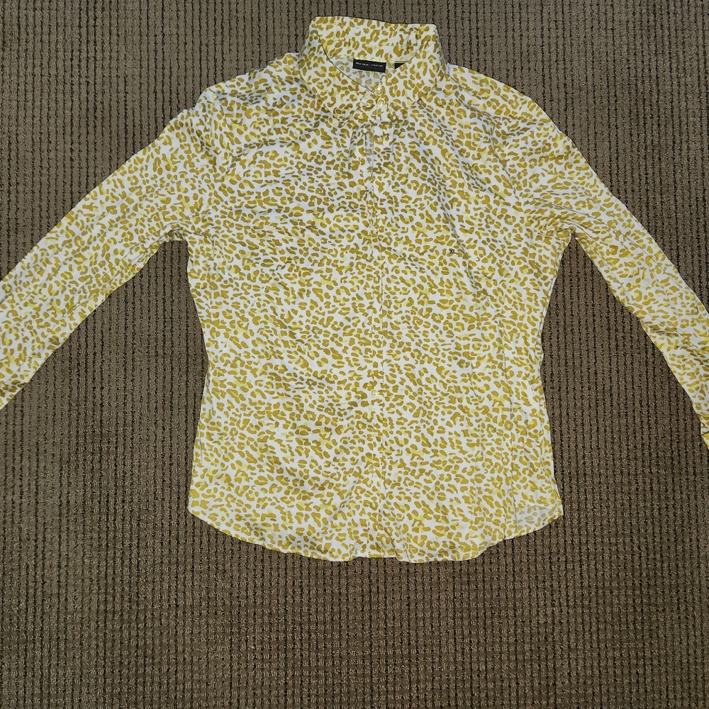 New York & Company Animal Print Button-Up Blouse Shirt Women's - Gold White XL